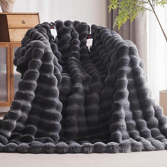 Heated Blanket Throw with 1/2/4/6/8 Hours Auto-Off 10 Heat Level, 90'' * 100'' Cozy Faux Rabbit Fur Bubble Electric Blanket with Overheat Protection(Dark Grey)