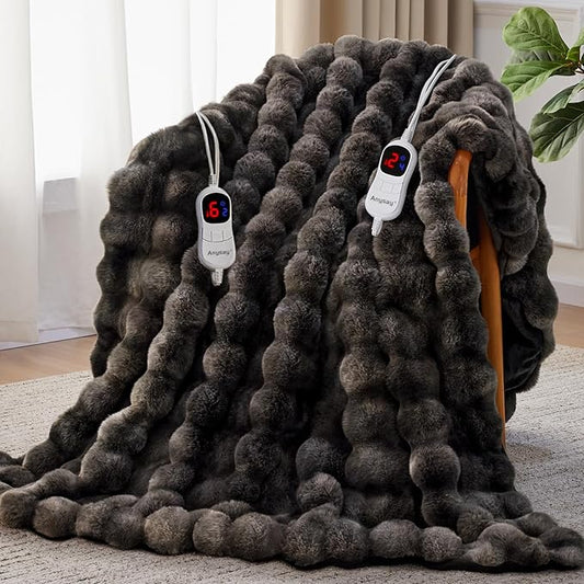 Heated Blanket Throw with 1/2/4/6/8 Hours Auto-Off 10 Heat Level, 90'' * 100'' Cozy Faux Rabbit Fur Bubble Electric Blanket with Overheat Protection(Tie-Dye Dark Grey)