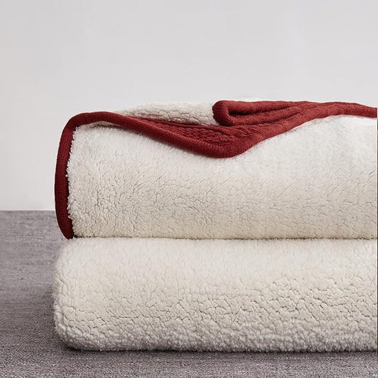 Longhui bedding Wine Red 50 x 63 Inches Acrylic Cable Knit Sherpa Throw Blanket - Thick, Soft, Big, Cozy Knitted Fleece Blankets for Couch, Sofa, Bed - Large Coverlet All Season, Burgundy Color