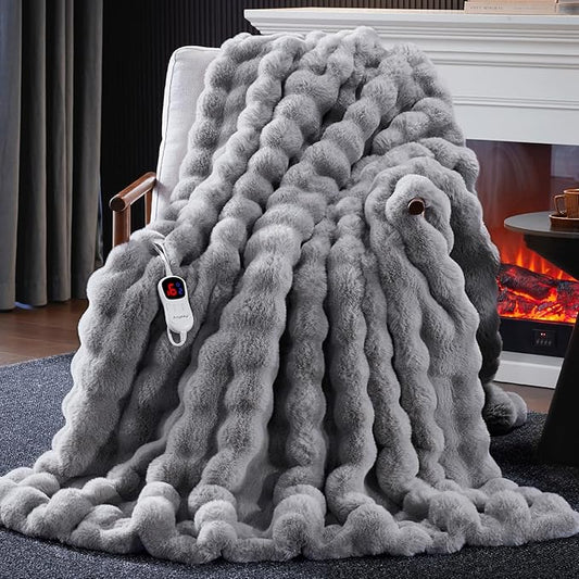Heated Blanket Throw with 1/2/4/6/8 Hours Auto-Off 10 Heat Level, 72'' * 84'' Cozy Faux Rabbit Fur Bubble Electric Blanket with Overheat Protection(Light Grey)