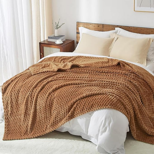 PHF Ultra Soft Flannel Fleece Blanket Queen Size, Lightweight 3D Jacquard Fleece Blanket, No Shedding, No Pilling, Luxury 340GSM Aesthetic Fluffy Cozy for Bed Room Decor, 90"x90", Terracotta