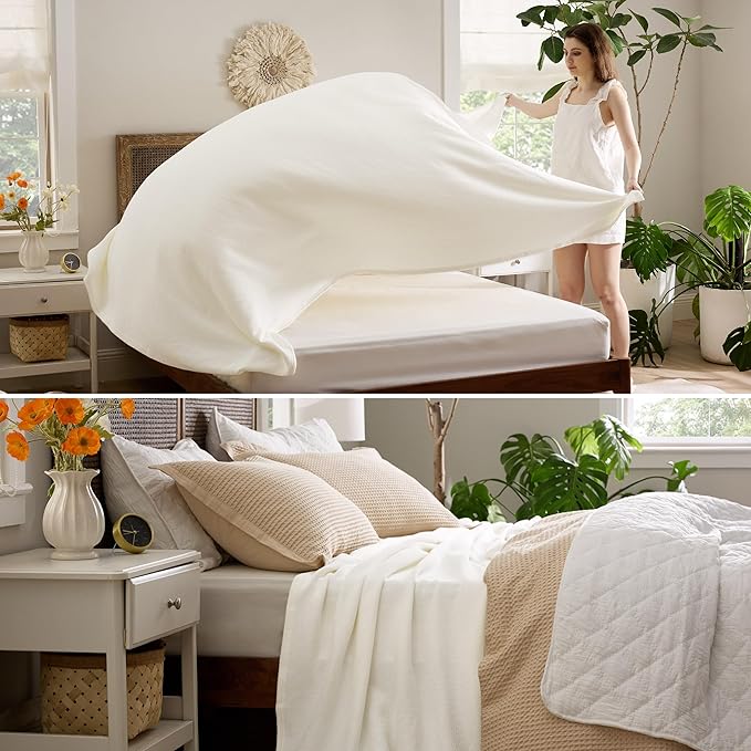 Bedsure 100% Cotton Blanket King Size for Bed - Breathable and Lightweight, Soft Cozy Textured Herringbone Woven Blanket for Summer Spring, Ivory, 108x90 inches