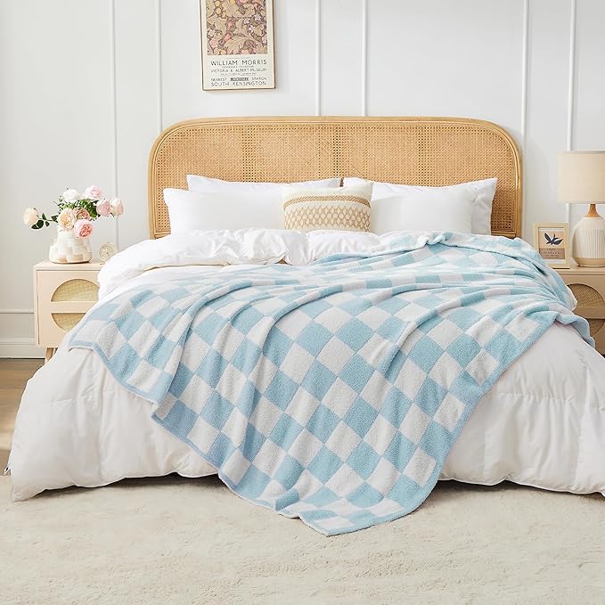 JOOJA Soft Cozy Checkerboard Blue Blanket - Fluffy Knit Throw for Couch - Plaid Checkered - 50x60 in
