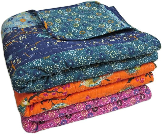 Lush Decor Royal Empire Reversible Cotton Throw Blanket, 50" W x 60" L, Peacock - Colorful Boho Patterns - Blue Throw - Fall Quilted Throw - Bohemian Striped Cotton Blanket For Bed, Couch, Or Chair
