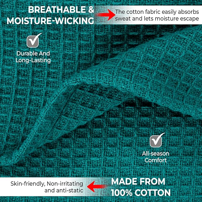 100% Cotton Blankets Queen Size for Bed - Waffle Weave Blankets for Summer, Lightweight and Breathable Soft Woven Blanket for Spring, (Teal, Queen (90" x 90"))