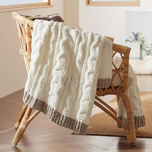 Bedsure Cable Knit Throw Blanket for Couch Bed - Chenille Chunky Knit Throw Blanket for Summer and All Seasons, Soft Cozy and Warm, Cream, 50x60 Inches