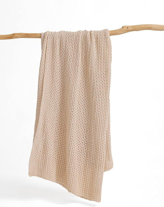 Chunky Cotton Knit Throw Blanket, Light Weight Cable Knit Throws for Bed Couch Sofa, Comfy & Relaxing, Decorative Piece for Farmhouse Modern Rustic Scandinavian Chic Vibe, Cream 50x60 Inches