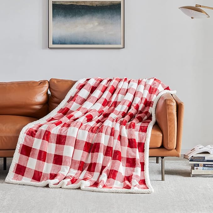 Touchat Red and White Buffalo Plaid Christmas Twin Blanket, 60" X 70", Fuzzy Fluffy Soft Cozy Fleece Flannel Plush Microfiber Blanket for Couch, Bed, Sofa