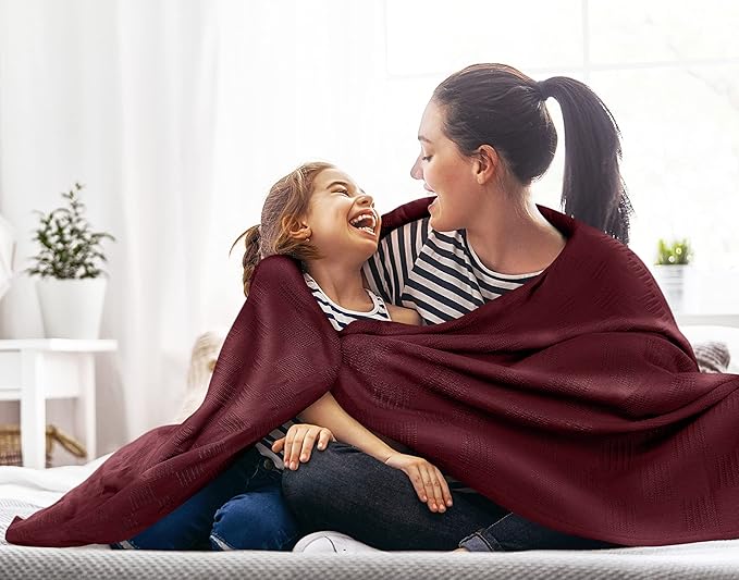 Utopia Bedding Burgundy 100% Cotton Blanket [Twin Size - 90x72 Inch] 350GSM Lightweight, Soft and Breathable Thermal Blanket for All Seasons