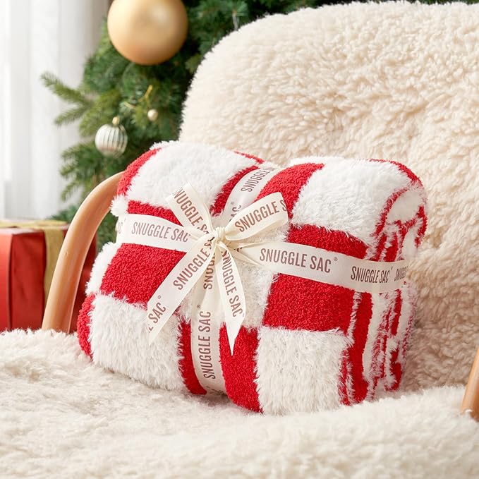 Snuggle Sac Faux Fur Checkered Blanket Twin Size with Soft Knitted Microfiber Fabric,Cozy Soft Warm Blanket for Sofa Bedroom Living Room, Red Checker,60x80 inches