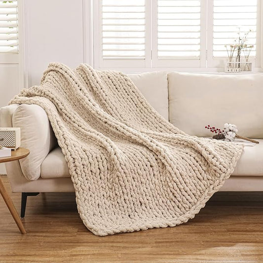 WESHIONGOO Chunky Knit Blanket Throw Knitted Throw Blankets for Couch Bed Fluffy Soft Blanket with Jumbo Chenille Yarn Thick 100% Handmade (Linen, 50"×60")