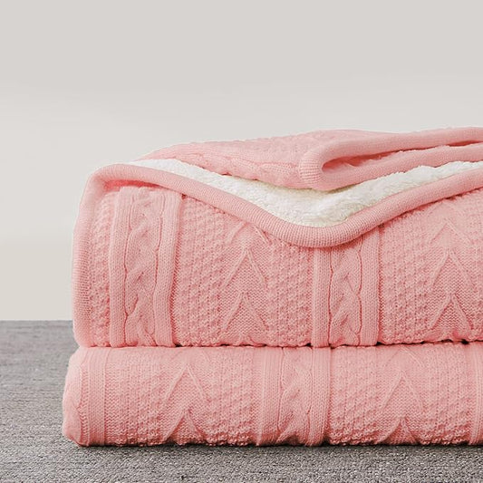 Longhui bedding Acrylic Pink Cable Knit Sherpa Throw Blanket - Thick, Soft, Big, Cozy Knitted Fleece Blankets for Couch, Sofa, Bed - Large 60 x 80 Inches Coverlet All Season