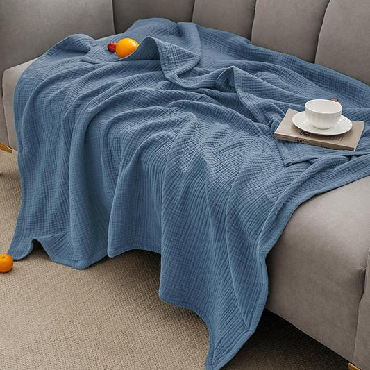 PHF 100% Cotton Muslin Throw Blanket Large 50" x 70", 4-Layer Lightweight and Breathable for Summer, Luxuriously Soft Gauze Throws for Couch, Natural Minimalism Style, Ideal Gift, Captain's Blue