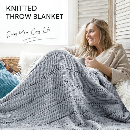 RECYCO Cable Knit Light Grey Throw Blanket Twin Size for Couch, Super Soft Warm Cozy Decorative Knitted Throw Blanket 3.6LB for Bed, Sofa, Chair Large 60"x80"