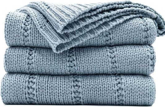 RECYCO Cable Knit Blue Throw Blanket Twin Size for Couch, Super Soft Warm Cozy Decorative Knitted Throw Blanket 3.6LB for Bed, Sofa, Chair Large 60"x80"