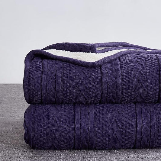 Longhui bedding Acrylic Cable Knit Sherpa Throw Blanket - Thick, Soft, Big, Cozy Knitted Fleece Blankets for Couch, Sofa, Bed - Large 60 x 80 Inches Coverlet All Season,Purple
