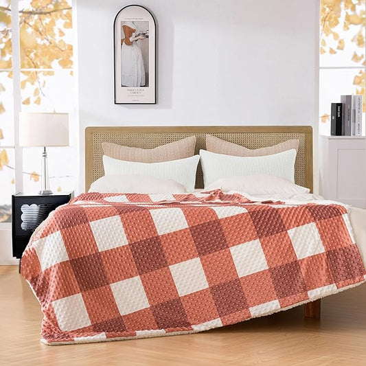 PU MEI Sherpa Blanket Fleece Throw Blanket Full Queen Plaid Thick Bed Blanket, Soft Warm Cozy Orange Checkered Throw Blanket 80"*90"