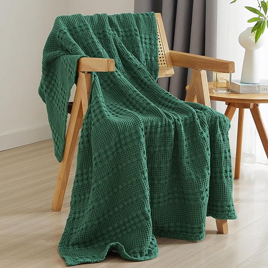 PHF 100% Cotton Waffle Weave Throw Blanket, Soft Lightweight Breathable Cozy Summer Throws for Couch Bed Sofa, Luxury Aesthetic Woven Blanket for Home Decor & Office, 50"x60", Dark Green