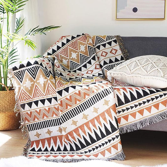 Luxlovery Bohemian Sofa Throw Blankets Ethnic Woven Farmhouse Boho Throw Blanket for Couch Black White and Orange Multicolor Aztec Bed Throws Oversized Chair Sofa Cover with Tassels(63"x86")