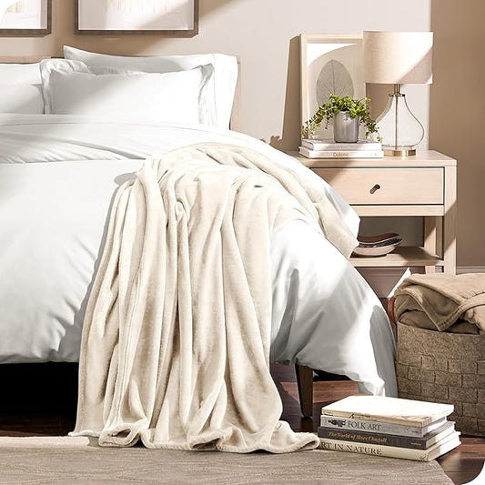 Bare Home Fleece Microplush Blanket - Full/Queen - Lightweight Throw for Bed, Sofa, Couch, Movie Night, Camping, and Travel - Cabin Blanket (Full/Queen, Vanilla)