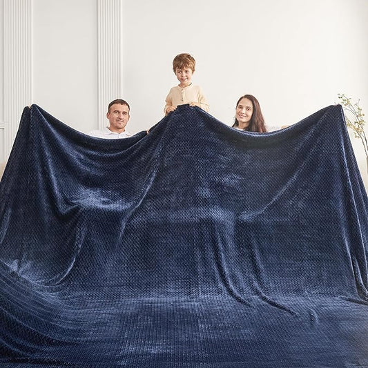 Oversized King Fleece Blanket 120x138 Inches, Seamless Soft Cozy 3D Jacquard Flannel Blanket 10'x11.5' Extra Large for Bed, Sofa, Couch, Travel & Camping, California King Throw, Navy Blue Leaf