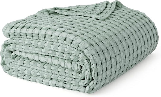 Bedsure Cooling Cotton Waffle Full Size Blanket - Lightweight Breathable Blanket of Rayon Derived from Bamboo for Hot Sleepers, Luxury Throws for Bed, Couch and Sofa, Sage Green, 80x90 Inches