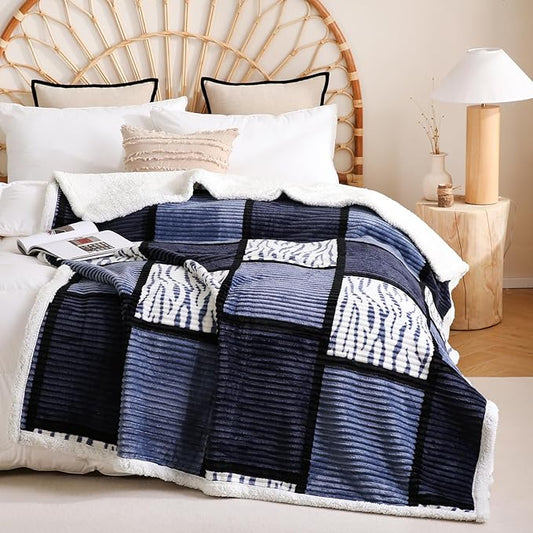PU MEI Sherpa Blanket Fleece Throw Blanket Queen Plaid Thick Bed Blanket, Soft Warm Cozy Throw Blanket, 80”*90” Zebra-Blue