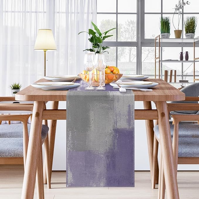 Emvency Farmhouse Table Runner, Vintage Purple Grey Abstract Art Painting for Kitchen Coffee Table Family Dinners Holiday Parties Wedding Events Decor(13x72 inch)