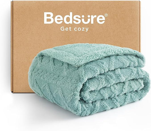 Bedsure Sherpa Fleece Blanket Twin Size for Bed - Fuzzy Soft Cozy Cable Throw for Couch, Thick Warm Blankets for Winter, Sage Green, 60x80 Inches