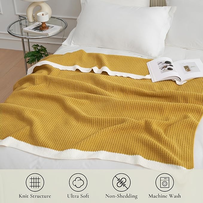 Amélie Home Chenille Waffle Throw Blanket for Couch, Reversible Soft Cozy Knit Blanket Lightweight Warm Decorative Throw for Sofa, Bed, Living Room, 50"x60", Ginger