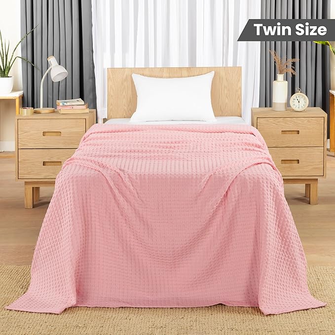 Utopia Bedding Pink 100% Cotton Waffle Blanket 300 GSM [Twin - 90x72 Inch] Soft Lightweight Breathable Bed Blanket for All Season
