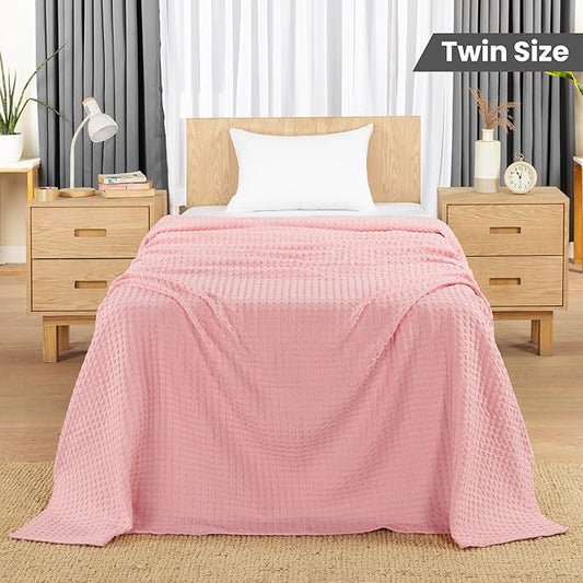 Utopia Bedding Pink 100% Cotton Waffle Blanket 300 GSM [Twin - 90x72 Inch] Soft Lightweight Breathable Bed Blanket for All Season
