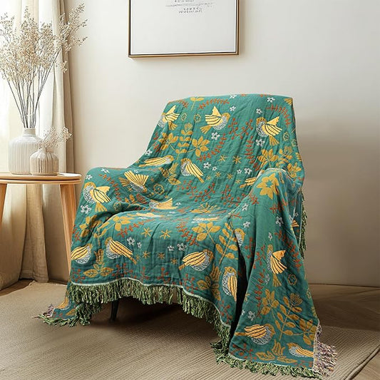 MACEVIA 100% Cotton Boho Throw Blanket, Soft Lightweight Green Bird Floral Design, 60"x80" Twin Size Bedspread for Couch Sofa, Bed, Travel, Cottagecore Decor, with Fringe Tassels (Bird Floral)