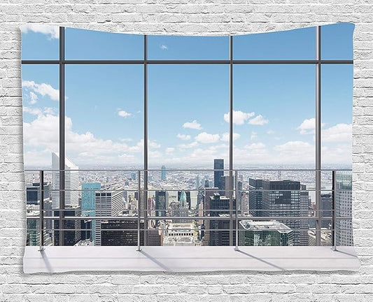 Ambesonne Urban Tapestry, Modern Office Work Place View to City Architecture Contemporary Plan, Wide Wall Hanging for Bedroom Living Room Dorm, 80" X 60", White
