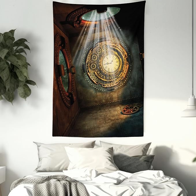 Ambesonne Fantasy Tapestry, Fantasy Scenery with Clock Dream Sky Rays from the Ceiling Fictional Art, Fabric Wall Hanging Decor for Bedroom Living Room Dorm, 30" X 45", Teal Brown