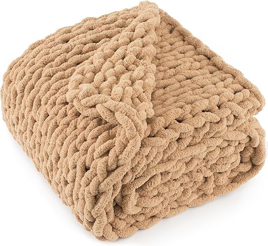 Chunky Knit Throw Blanket 50"X 60", 100% Handmade with Soft Chenille Yarn, 4.4lbs Thick Cable Knitted Blankets, Large Rope Knot Crochet Throws for Couch Sofa Bed Home Decor, Tan Brown