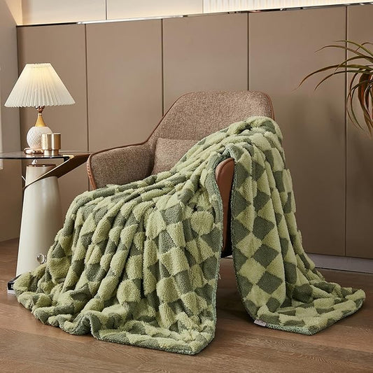 PU MEI Luxury Faux Fur Rabbit Fur Throw Blanket Sage Green 90"x80",Plush Reversible Sherpa Blankets,Queen Fuzzy Blanket Thick Throws for Bed,Washable Bedding Accent Blankets for Sofa Couch Chair