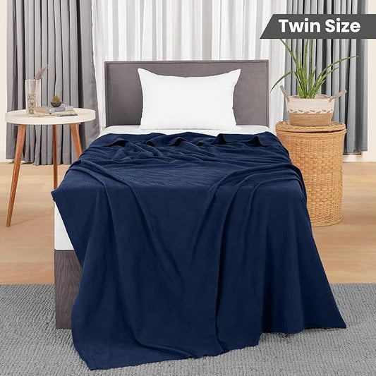 Utopia Bedding Navy 100% Cotton Blanket [Twin Size - 90x72 Inch] 350GSM Lightweight, Soft and Breathable Thermal Blanket for All Seasons