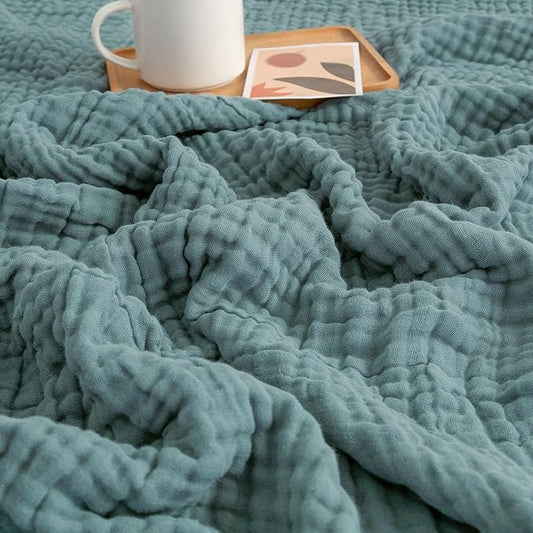 EMME Cotton Queen Size Bed Blanket, 80"x90", Lightweight Breathable Muslin Blanket, All Season Gauze, Teal