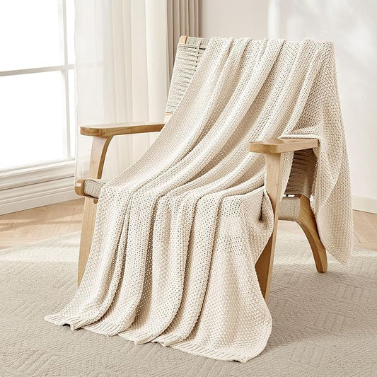Joydeco Chunky Cable Knit Throw Blanket, Lightweight 100% Cotton Soft Cozy Throw Twin Blanket for Couch Bed and Sofa, Rustic Breathable Farmhouse Blanket Gift for Women Men(Cream White, 60"x80")