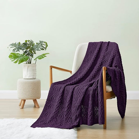 Aormenzy Purple Cable Knit Throw Blanket, Soft & Warm Knitted Blanket Throw for Couch Bed Sofa Living Room, 50 x 60 Inch