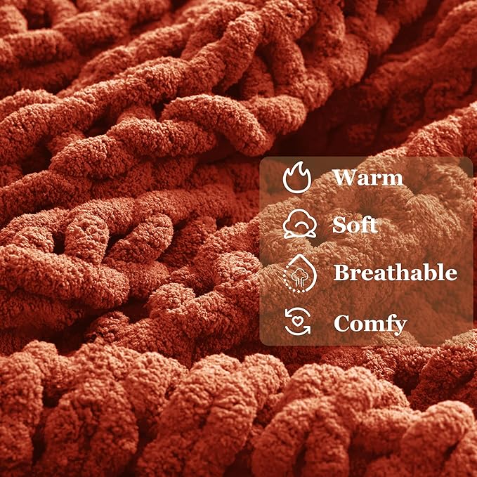 Orange Throw Blanket, 30" x 40" Chunky Knit Blanket, Handmade Warm & Soft Chenille Throw Blanket, Washable Decorative Knit Blanket with Jumbo Chenille Yarn for Couch Bed Sofa
