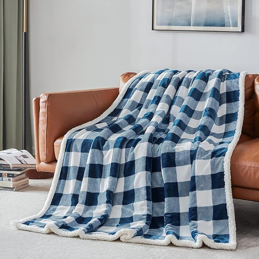 Touchat Sherpa Plaid Twin Blanket 60" X 70", Fuzzy Fluffy Soft Cozy Throw Blanket, Twin Size Plush Fleece Flannel Plush Microfiber Blanket for Couch Bed Sofa (Navy)