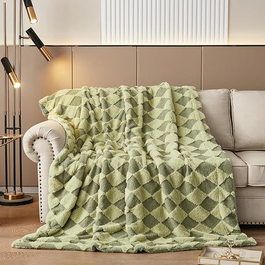 PU MEI Luxury Faux Fur Rabbit Fur Throw Blanket Sage Green 90"x80",Plush Reversible Sherpa Blankets,Queen Fuzzy Blanket Thick Throws for Bed,Washable Bedding Accent Blankets for Sofa Couch Chair