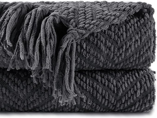 BATTILO Home Dark Grey Throw Blanket for Couch, Knit Charcoal Throw Blanket Versatile for Chair, 50 x 60 Inch - Super Soft Warm Grey Blanket with Tassels for Bed, Sofa and Living Room