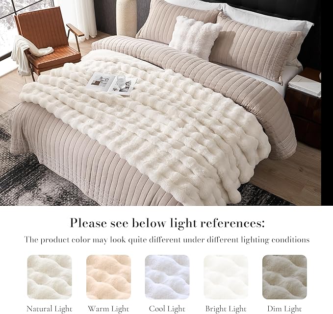 Amélie Home Faux Fur King Size Blanket, Fuzzy Soft Plush Thick Bubble Blanket for Bed Sofa Bedroom Living Room, 108 x 90 Inches, Cream White