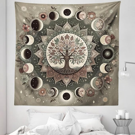 Ambesonne Moon Tapestry Queen Size, Cosmic Boho Themed Lunar Circle with Tree of Life Leafy Mandala Details, Wall Hanging Bedspread Bed Cover Wall Decor, 88" X 88", Sage Green Pale Chocolate
