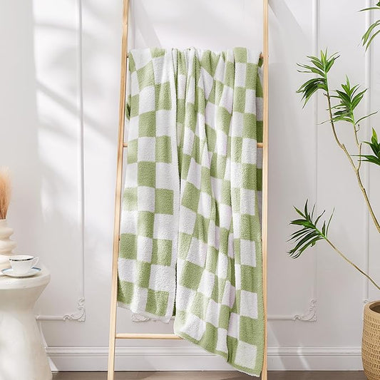 Super Soft Luxurious Warm Checkered Throw Blanket - Reversible for Couch, Bed, Sofa - 60x80 Inches - Green and White