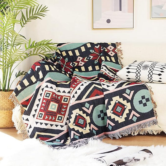 Luxlovery Bohemian Sofa Throw Blankets Ethnic Woven Boho Hippie Tribal Throw Blanket for Couch Aztec Bed Throws Oversized Navy Beige and Blue Fringe Farmhouse Chair Sofa Cover with Tassels(63"x86")
