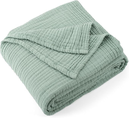 Carriediosa 100% Cotton Muslin Throw Blanket 90" X 90" Queen Size，4-Layers Summer Gauze Throws for Bed Couch，Soft Lightweight Breathable Linen Blankets Bedspread for Adults All Season，Sage Green